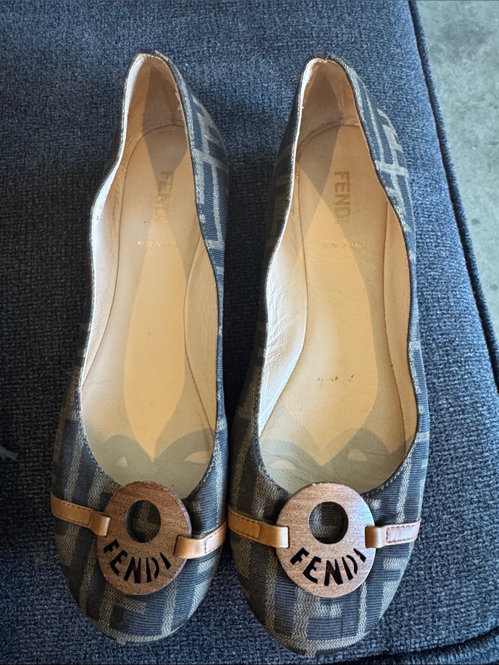 Fendi Gray Monogram Canvas Flats with Brown Logo Accent